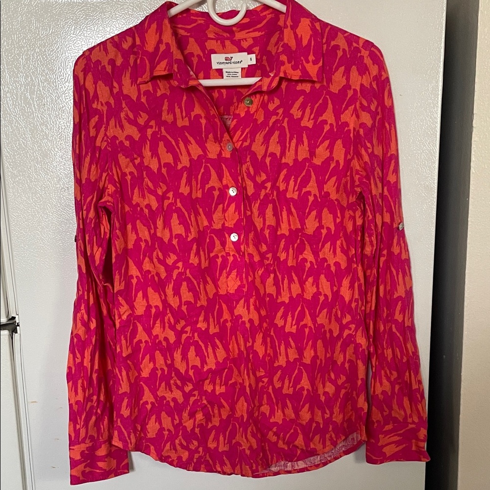 Vineyard Vines‎ Small Linen Blend Pink and Orange Printed Half Button-Down Shirt